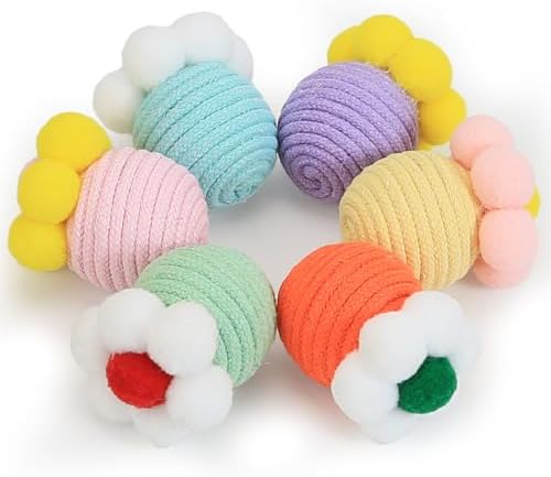 Cat Balls Toys for Indoor Cats, 6 Pcs Interactive Rope Chew Toy Balls with Crinkle Sound, 2-Inch Colorful Rope Ball for Kittens & Adult Cats, Chasing Play and Dental Health