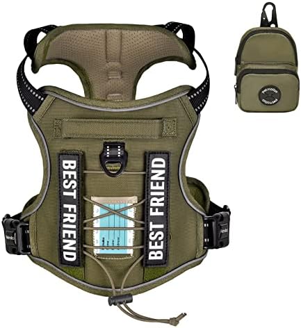 Petmolico No Pull Dog Harness, 2 Leash Clips Tactical Dog Harness Soft Padded Reflective Service Dog Vest with Dog Treat Pouch for Outdoor Walking Training, Army Green Medium