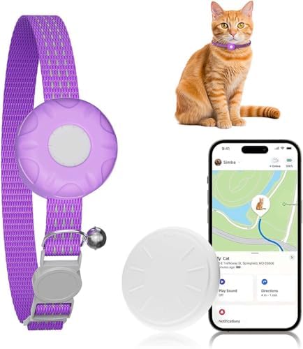 GPS Tracker for Cats, Cat Tracker, Cat GPS Tracker Compatible with Apple Find My App (Only iOS), No Monthly Fee or Subscription (White Tracker, Purple Cat Collar)
