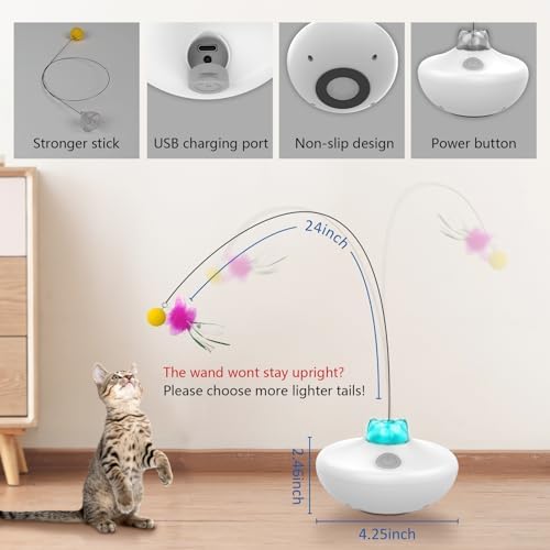 Oxawo Interactive Cat Toys Indoor Cats Toy Automatic Moving Feather Wand | Flying Feather Wobble Base Rechargeable Cat Toy, Extra Long Feather Wand Spin Cat Game & DIY Tails On