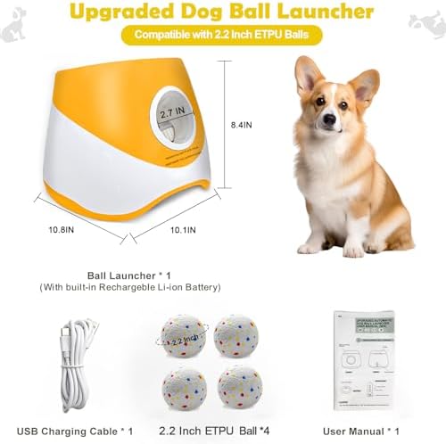 MEKAPLE Automatic Dog Ball Launcher for Samll to Medium Dogs, Upgraded Interactive Toy Balls Thrower, Distance Adjustable Mental Stimulating Dog Toys with 4 Etpu Balls 2.2 Inch (Orange)