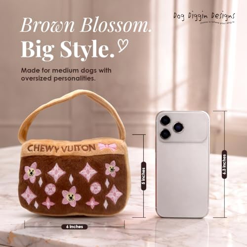 Dog Diggin Designs Chewy Vuiton Brown Blossom Plush Dog Toy Purse | Luxury-Inspired Parody Designer Handbag with Squeaker, Soft Plush Fashion Dog Toy – Haute Couture Purses & Handbags