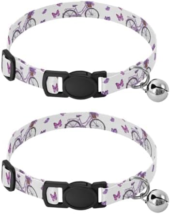 2 Pack Puppy Collar Lavender Colored Bikes Purple Flowers Cat Bell Collar, Adjustable Length 10.6" to 17.1"