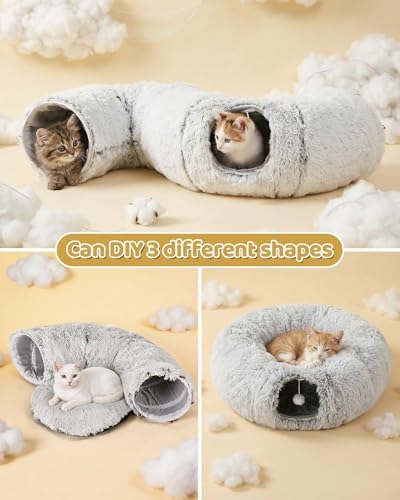 Cat Tunnel Bed with 20 Pcs Interactive Toys, 3-in-1 DIY Collapsible Plush Cat Tube with Washable Mat, Large Indoor Play Tunnel Cave for Kittens and Small Animals
