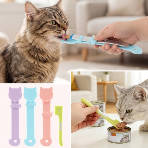 3 Pcs Cat Treat Spoon, Lickable Cat Strip Feeder Spoon Squeeze for Small Pets, Sliding Kitten Treat Food Dispenser for Licky Treats & Wet Food with Canning Spatula