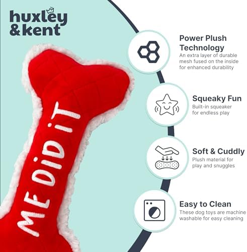 Huxley & Kent Funny Dog Toy w/Squeaker – Holiday Power Plush Squeaky Dog Toys for Small, Medium & Large Dogs – Soft Stuffed Animal for Indoor Play & Fetch - Me Did It, I Sorry Bone, Small