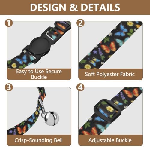 2 Pack Cat Collars Butterflies Flowers Roses Small Dog Collar with Bell, Adjustable Length 10.6" to 17.1"