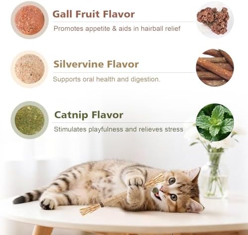 WOUSEDO 7 Pack Silvervine Sticks Cat Toy with Catnip & Matatabi Ball