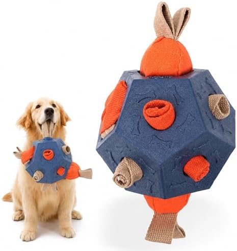 Dog Snuffle Ball - Upgrade Ball Interactive Puzzle Dog Toys, Foraging Truffle Pads Puppy Snack Dispenser Slow Feeder Suitable for Any Size Pet with Squeaky Carrot Toys (Blue)