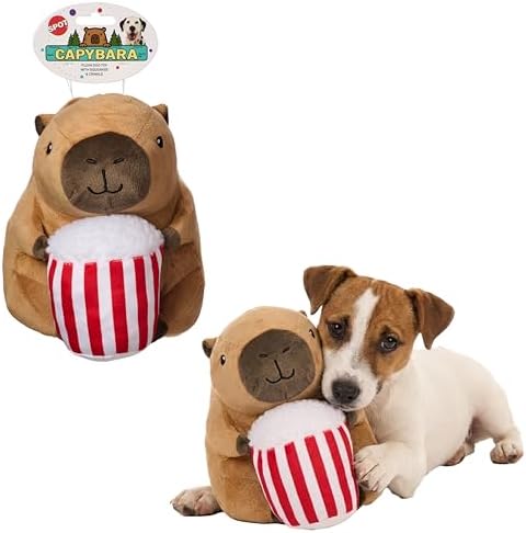SPOT Capybara with Popcorn Plush Dog Toy, Soft Stuffed Squeaky & Crinkle Toy for Calm and Gentle Play, Adorable Capybara, for Light Chewers and Small Dogs, 8 Inch