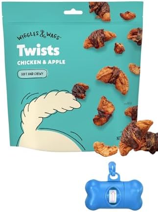 Wiggles & Wags Chicken & Apple Twists Dog Treats, 16 oz, with DN Essentials Bone Shaped Waste Bag Dispenser & Free Roll