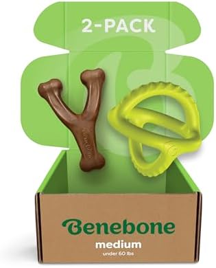 Bundle of Benebone Wishbone Durable Dog Chew Toy for Aggressive Chewers, Real Bacon, Made in USA, Medium + Benebone Natural Rubber Tug Interactive Dog Toy, Natural Rubber