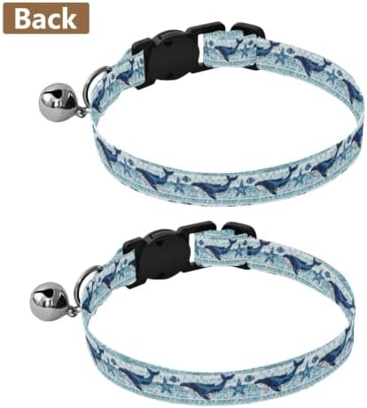 2 Pack Cats Collar Blue Tribal Whales Breakaway Cat Collars with Bell, Adjustable 10.6 to 17.1 Inches