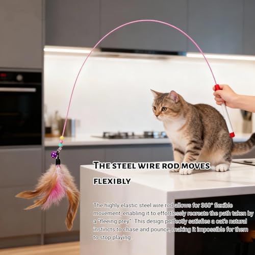Cat Feather Wand Toy - Steel Wire Feather Interactive Cat Stick Training - Beads Bells Kitten Wand Toys Pet, Funny Kitten Fishing Pole Toy for Bored Indoor Chase & Exercise(1Pcs)