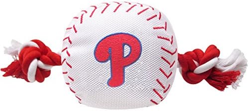 MLB PHILADELPHIA PHILLIES Baseball Rope Toy for DOGS & CATS. Tough nylon, Sporty Baseball Design, Heavy-duty ropes with Inner SQUEAKER