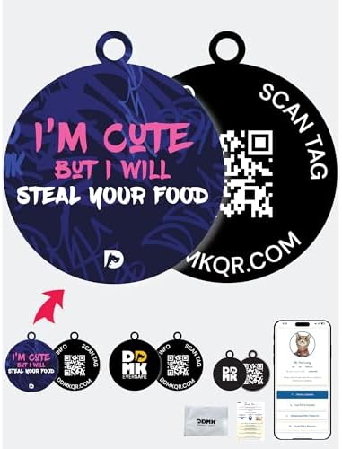 DDMK Smart Pet Tag Set | Includes 3 Tags | QR Code for Instant Alerts | Custom Pet Profiles | Durable & Waterproof | No Subscriptions or Fees |15-I AM Cute BUT I Will Steal Your Food