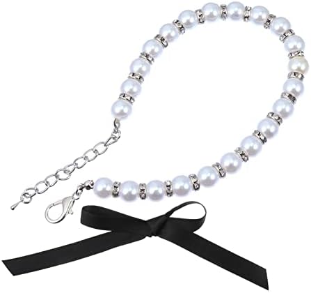 Kisangel Adjustable Imitation Pearl Pet Necklace Collar with Ribbon Bow Durable Wedding Collar for Cats and Dogs Smart and Comfortable Jewelry Accessory for Parties and Walks