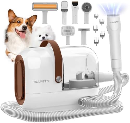 HEAPETS Dog Grooming Vacuum Kit - 3L Vacuum with 7 Tools, Low Noise Electric Clipper and Brush for Pet Shedding at Home, White