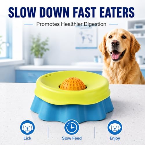 Slow Feeder Dog Bowl with Rolling Ball - 2-in-1 Silicone Dog Lick Bowl for Liquid Treats, Anti-Slip Interactive Licking Toy for Small Medium Large Dogs Cats, Food-Grade Easy Clean (Blue+Green)
