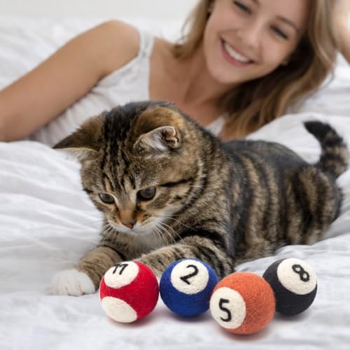 Glaciart One Wool Pool Ball Cat Toy – 4 Pcs with Catnip - Soft Fuzzy Enrichment 100% Natural Felt Cat Toy - Interactive Play Set - Safe for Pets, Non-AZO Colored Dyes – 1.5”