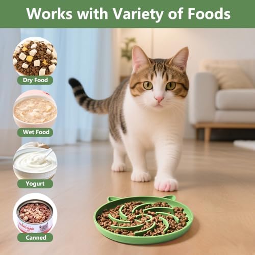 2Pcs Silicone Slow Feeder Cat Bowl,Puzzle Feeder,Interactive Toys,Slow Feeding cat Bowl Suitable for All Dry and Wet Foods,Easy to Clean Silicone Bowls(Blue and Green)