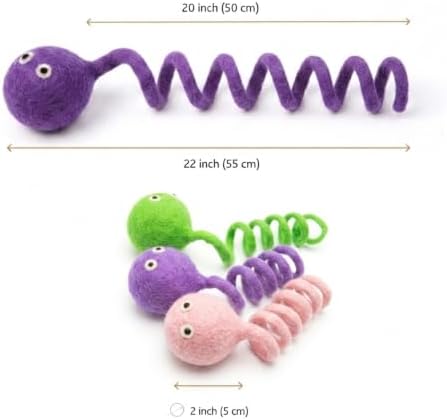 Glaciart One Felt Spring Cat Toy – 3 Pcs Soft Fuzzy Enrichment 100% Natural Wool - Interactive Stretchable Play Set - Safe for Pets, Non-AZO Colored Dyes - 4” Long