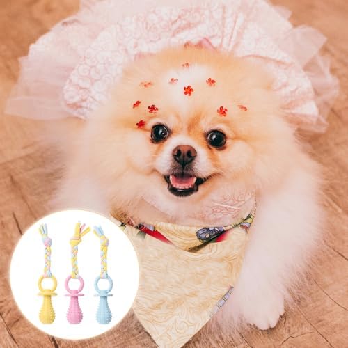 3Pcs Pet Molar Clean Teeth Rubber Toy, Dog Pacifier With Rope, Dog Chew Toys for Aggressive Chewers, Rubber Puppy Pacifier Chewing Playing Training Toys for Small Dogs & Adult Cat, 3 Cute Colors
