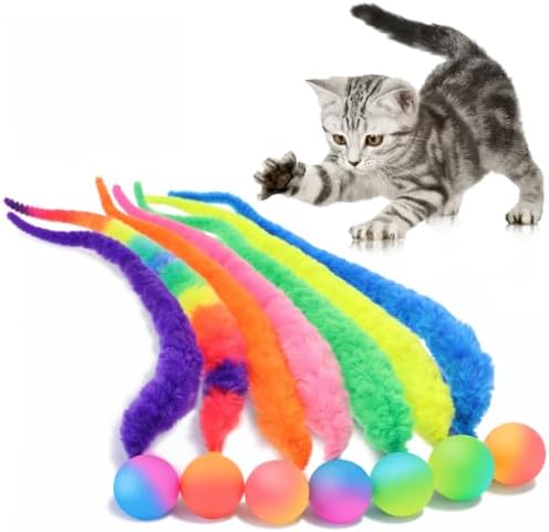 7 Pcs Cat Worm Toy with Bouncy Ball, Interactive Fuzzy Worms for Cats, Colorful Magic Worms with Tail, Cat Toys