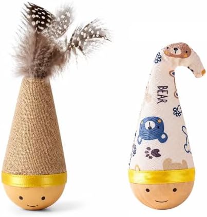 Interactive Wooden Cat Toy Natural Beechwood Wobble Tumbler Silent 2PCS