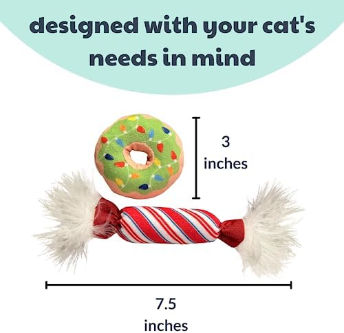 Huxley & Kent Plush Cat Toy - Holiday Interactive Catnip Toy for Cats & Kittens - Soft with Crinkle & Catnip - Fun Indoor Play - Lit Donut & Peppermint Candy 2pk