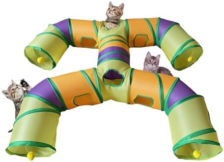 Foldable H-Shaped Cat Tunnel Toy with Interactive Playing Balls - 4 Exits for Cats, Kittens, Rabbits & Small Pets Collapsible Play Tube for Indoor Fun & Exercise (Colorful)