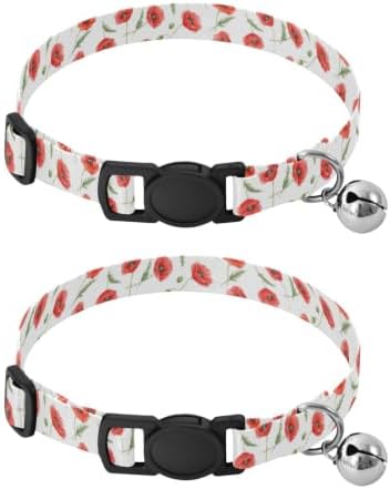 Watercolor Red Poppies Leaf White Kitten Collar 2 Pack Soft Polyester Pet Collar Adjustable 10.6 to 17.1 Inches