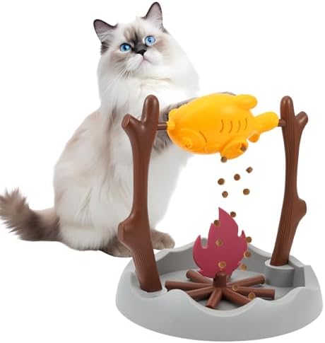 Cat Puzzles Feeder Toy, Cat BBQ Toy Treat Dispensing Slow Feeder Bowl Unique Rotatable Fish and Flame Cognitive Training Game Enrichment Interactive Stimulation Toys for Indoor Kitty