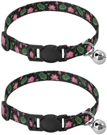 2 Pack Dog Collar Pink Lotus Flowers Bell Collar for Small Dogs, Adjustable 10.6 to 17.1 Inches
