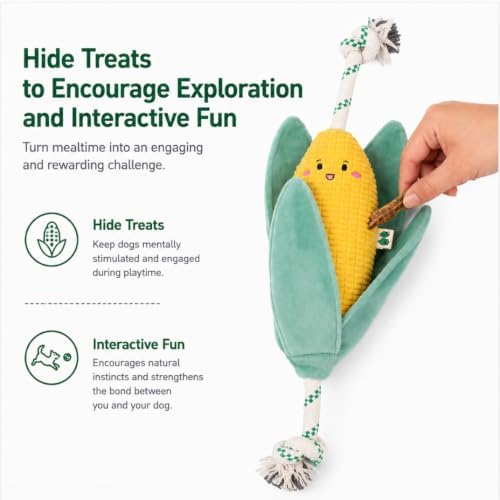 Green Sheep Interactive Plush Dog Toy, No Stuffing Squeaky Toy with Recycled Cotton Rope for Medium to Large Dogs, Chew Toy, Corn