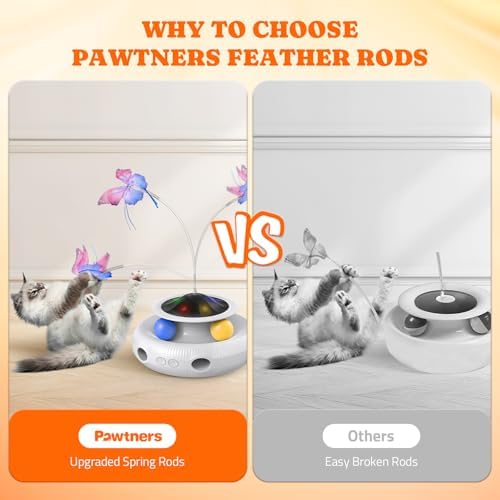 Pawtners 1 Pcs Fluttering Butterfly and 2 Pcs Feather Rods for Cat Toys