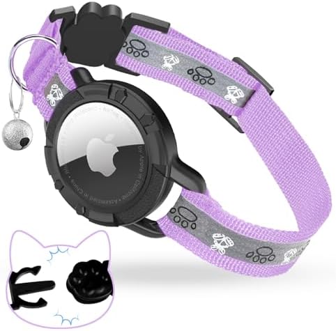 Breakaway AirTag Cat Collar, Reflective Cat Tracker Collar with Bell | Built in AirTag Holder, Adjustable 8.5-12in for Cats, Kittens and Puppies, Safety Elastic Band, Reflective for Night Walking
