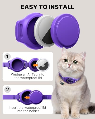typecase Reflective Breakaway Cat Collar with AirTag Holder, Purple & White | Purple Reflective Breakaway Cat Collar With Bell And Silicone AirTag Holder; Adjustable 8-12 In; AirTag Not Included