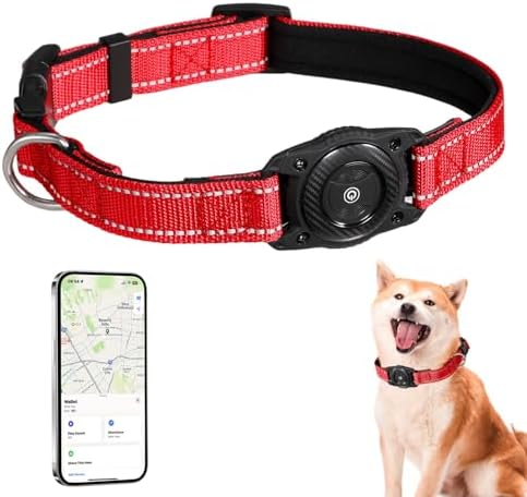 Tracking Collar for Dogs Waterproof Adjustable Air Tag Dog Collar Holder, Comfortable Dog Collars for Small Medium Large Dogs (Red, M)