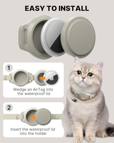typecase Reflective Breakaway Cat Collar with AirTag Holder, Khaki & White | Khaki Reflective Breakaway Cat Collar With Bell And Silicone AirTag Holder; Adjustable 8-12 In; AirTag Not Included