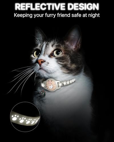 Cat Tracker Collar - Waterproof Airtag Cat Collar with Finder Tag, Khaki | Compatible with Apple Find My (iOS ONLY), Breakaway Tractive Design with Reflective Pattern & Bell (Not for Android Devices)
