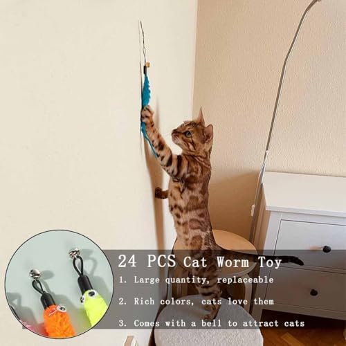 KuuGuu 24 PCS Cat Worm Toy Replacement Teaser with Bell Refills Indoor Cat's Interactive Wand and Catch Wand Soft Squiggly Worm Teaser Refills Attachment Interactive Catch Toy Accessories （6 Color）