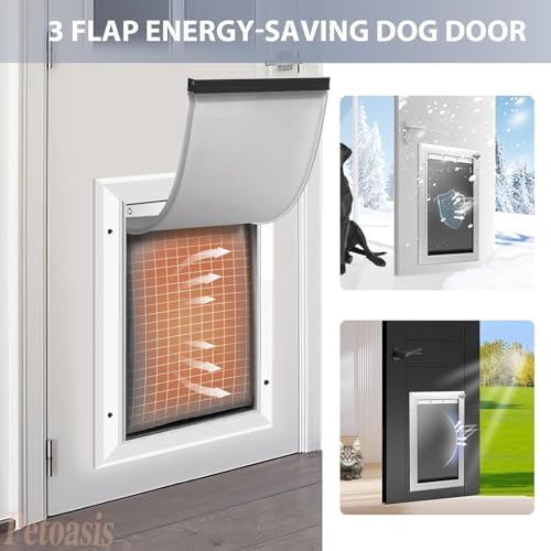 [Petoasis] 3-Flaps Heavy-Duty Dog Door, Rust Proof Aluminum Alloy Frame | Energy-Efficient,Thick Flaps Block Wind Snow Rain Intrusion in Extreme Weather (Silvery White, XL for Door)