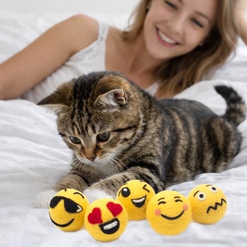 Glaciart One Wool Emoji Ball Cat Toy – 5 Pcs with Catnip - Soft Fuzzy Enrichment 100% Natural Felt Cat Toy - Interactive Play Set - Safe for Pets, Non-AZO Colored Dyes – 1.5”