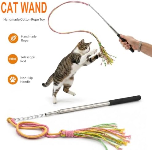 Interactive Cat Wand Toy Set for Indoor Cats, 2 Retractable Teaser Wands with Extra Long String, Handmade Sisal Rope Toys, Worm Refills, Catnip Mouse, 8 Pack