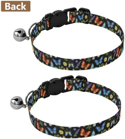 2 Pack Cat Collars Butterflies Flowers Roses Small Dog Collar with Bell, Adjustable Length 10.6" to 17.1"