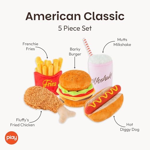 P.L.A.Y. Cute Plush Dog Toys - Fast Food Themed Durable Giggle Chew Toy, Great for Puppies & Small, Medium, Large Dog - Machine Washable, Recycled Materials (American Classic 5 Piece Set, Medium)