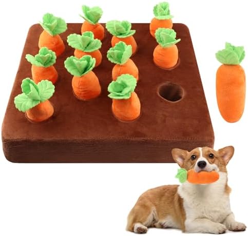 Carrot Dog Toys, Carrot Snuffle Mat for Dogs Interactive Dog Plush Puzzle Toys 2 in 1 Fun Nosework Feed Games Pet Stress Relief and Brain Training Foraging Skill with 12 Carrots (Orange)