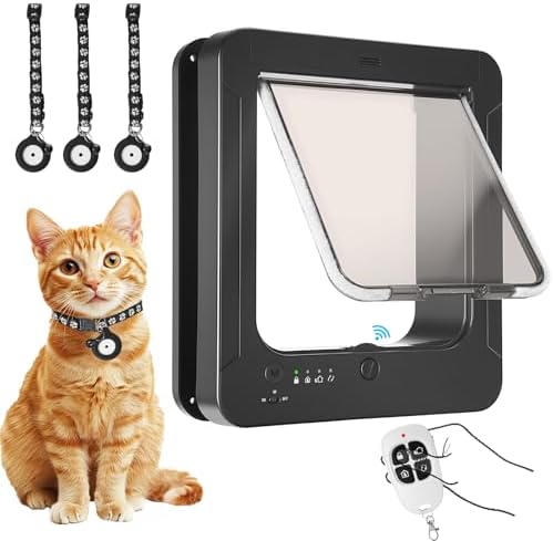 Smart Cat Door for Interior & Exterior, Cat Pet Door with 3 Collar Sensor Keys & 1 Remote Control & 4 Way Locking Cat Flap with RFID Collar Activated Opening SmartPetDoor