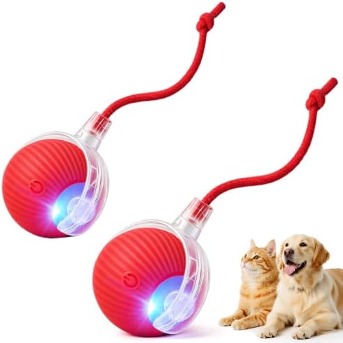 2-Pack Smart Interactive Automatic Electric Rolling Moving Rechargeable Motion Activated Self Play Stimulation Chase Teaser Ball Toy with Rope for Indoor Bored Adult Cat and Dog, Red+Red
